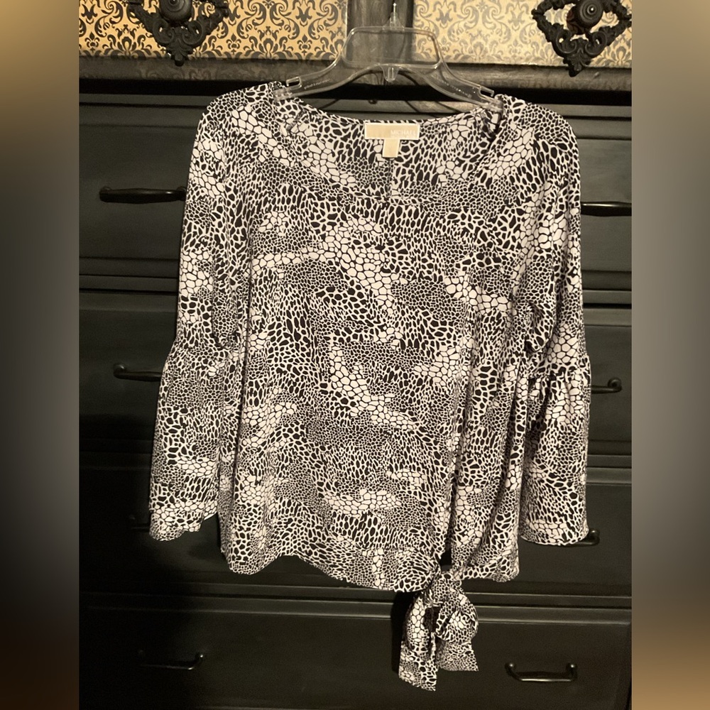 Michael Kors Black and White Tie Front Blouse